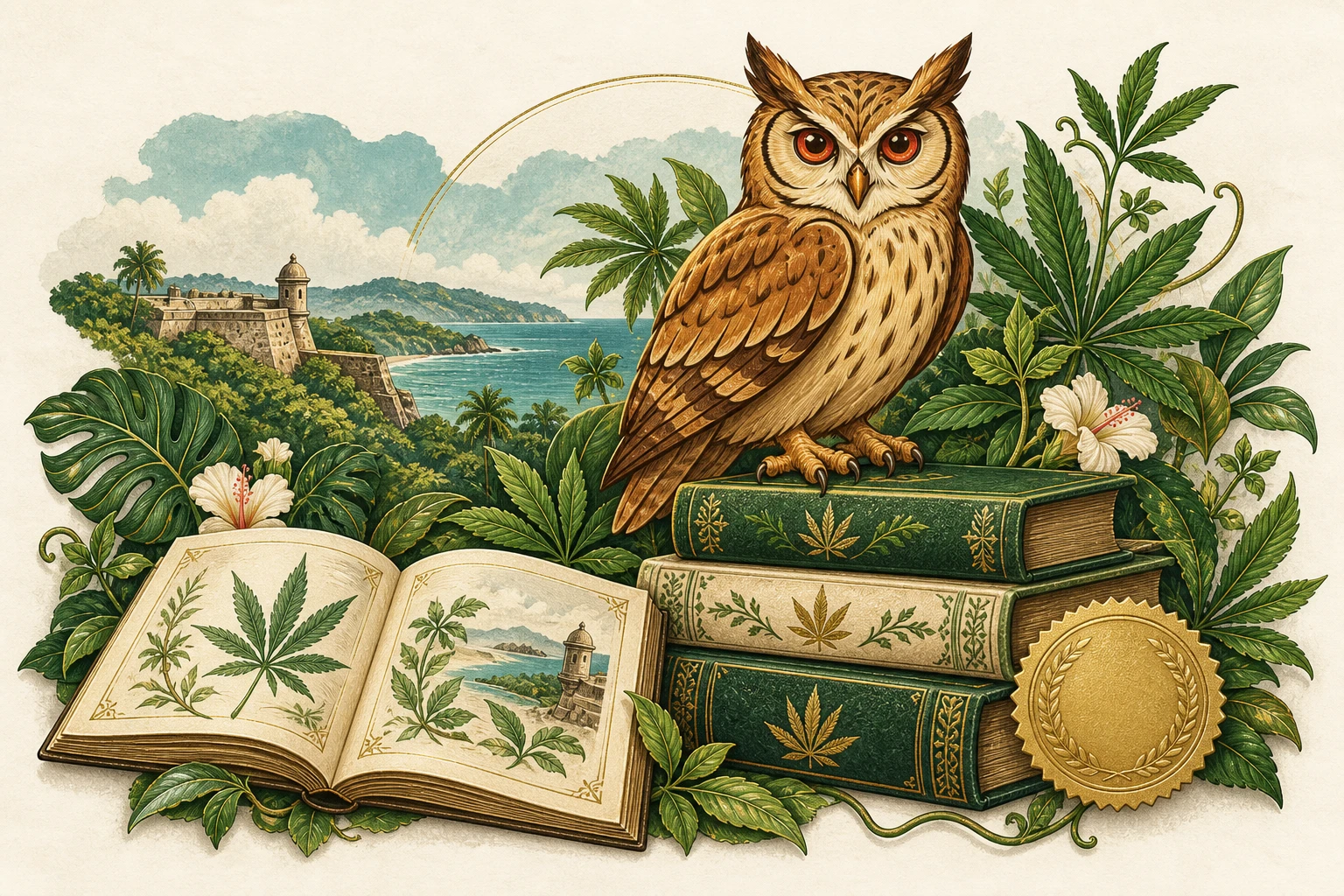 Un búho entre libros y hojas, símbolo de conocimiento y crecimiento.
